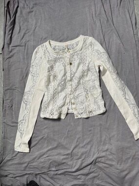 Free People Cream Lace Button-Up Long Sleeve Top